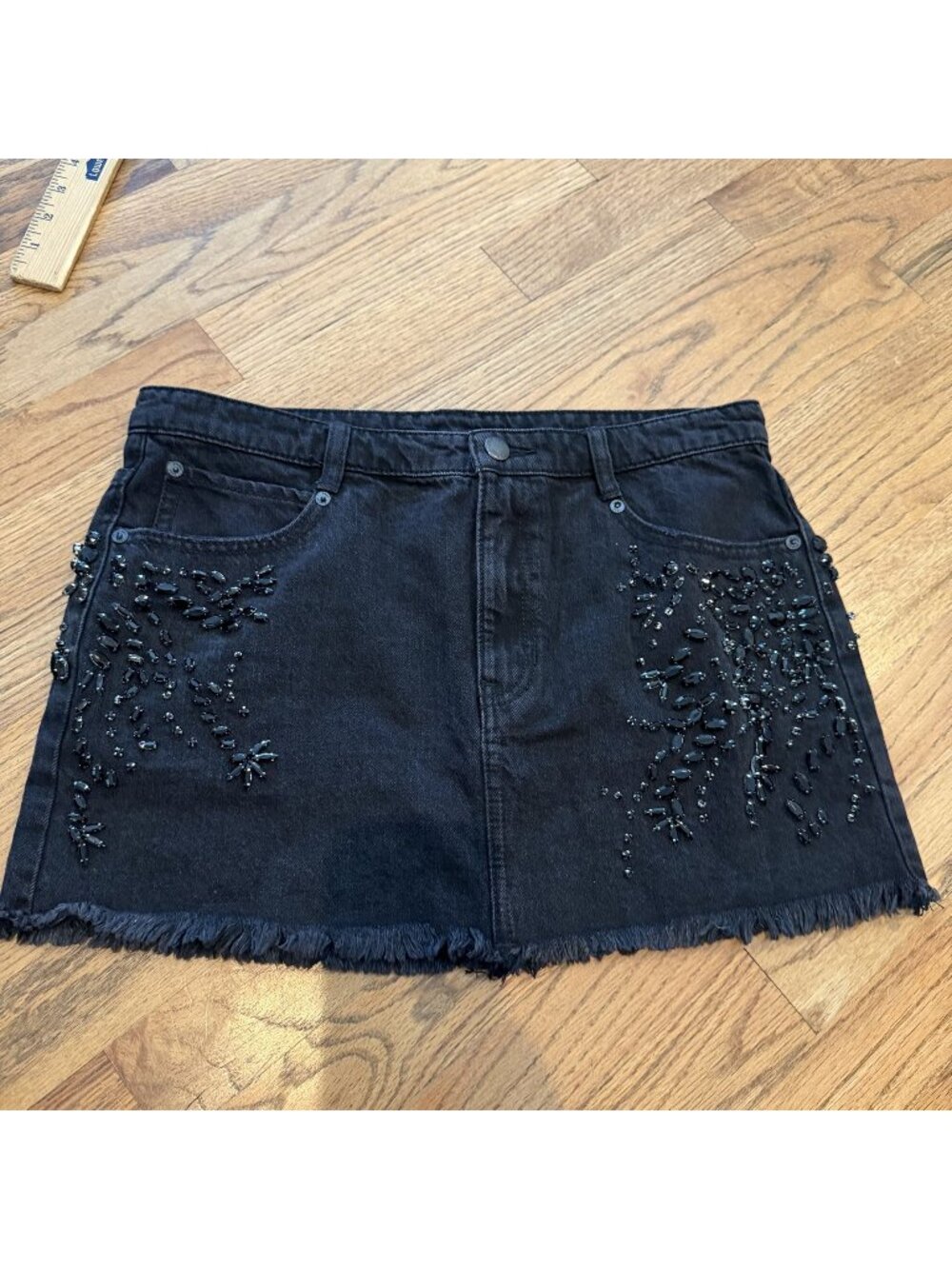 Free People Womens Black Denim Skirt Rhinestone Details Size 6